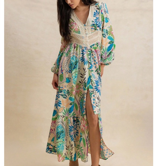 Plus Floral Print V neck Button Down Long Sleeve Maxi Dress - Picture 6 of 6